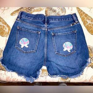 Kancan brand Blue jean Denim Cutoff Shorts with seashell patches on the pockets